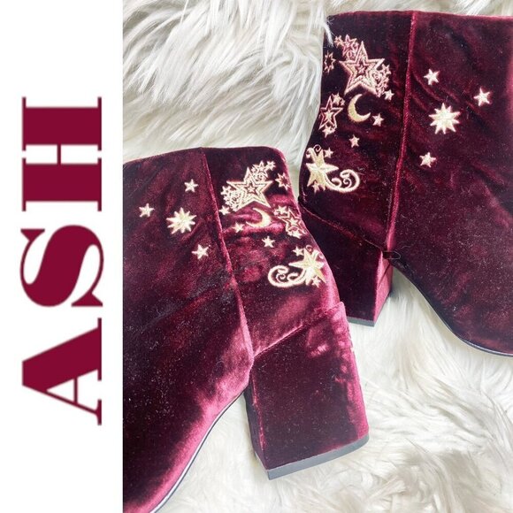 ASH Elixir Burgundy Velour Chunky Heel Bootie Gold Stars & Moons, Size 40 - Picture 13 of 14